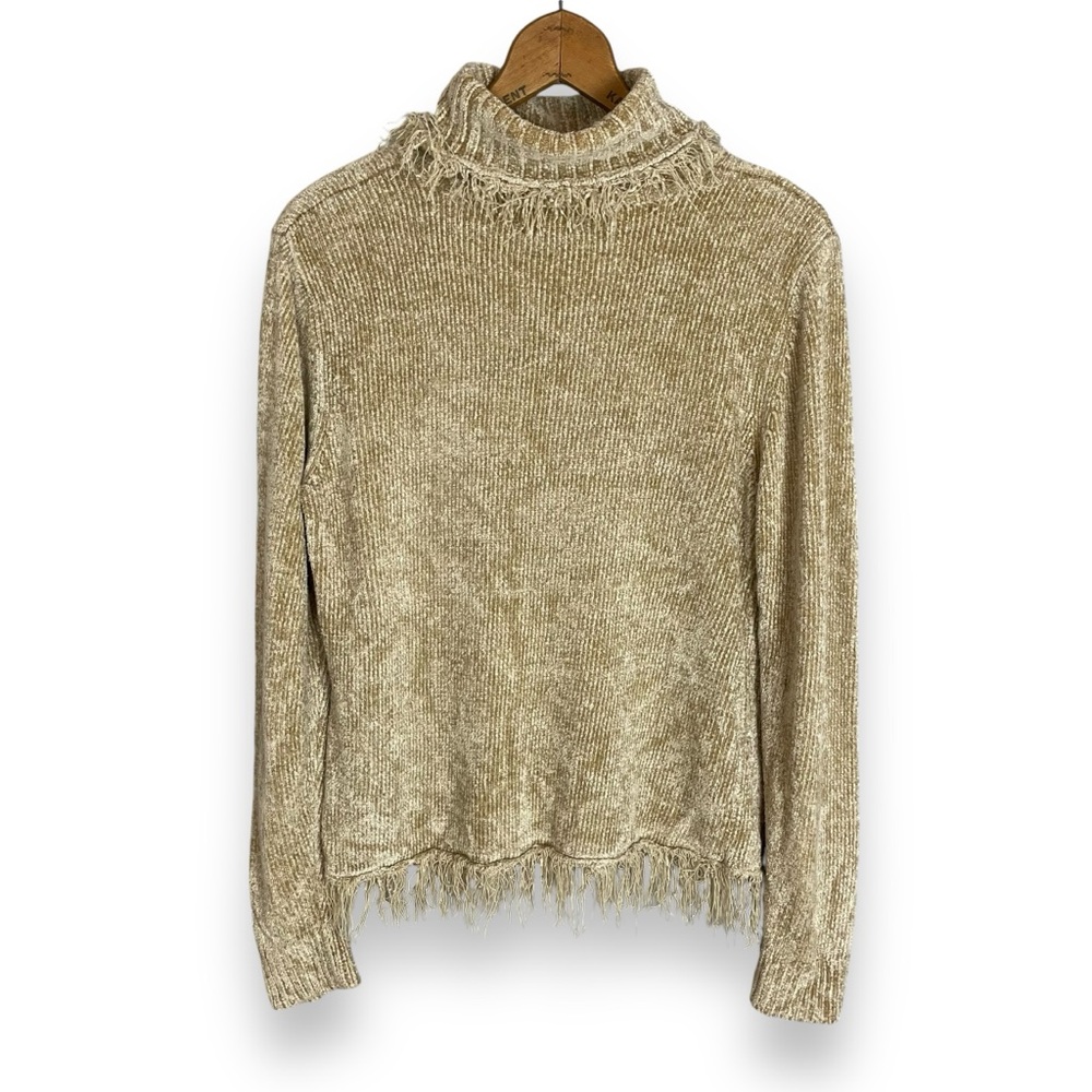 Vintage Chenille Sweater Turtleneck Fringe Women Rayon Acrylic Size Medium Tan